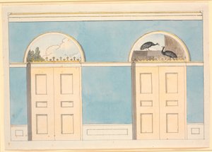 Bozzetto per decorazione murale con campi semicircolari sopra due porte, su pareti blu da Nicolai Abildgaard
