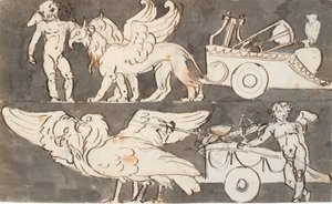 Putti alati sui carri di Apollo e Giove, trainati da grifoni e aquile da Nicolai Abildgaard