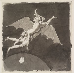 Caterina la Grande, nuda, che vola via dalla Terra sulla schiena di un uomo con ali di pipistrello, 18° secolo da Nicolai Abraham Abildgaard