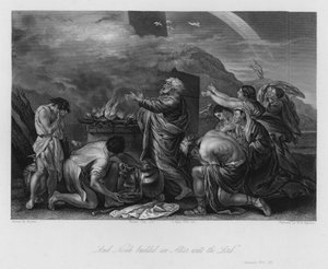 Il sacrificio di Noè, Genesi VIII, 20 (incisione) da Nicolas (after) Poussin