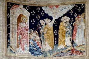 Arazzo della Rivelazione (1373-1383), n. 28: il miracolo. I fedeli servitori di Dio e i profeti guardano il fiume trasformato in sangue. Arazzo di Nicolas Bataille (1330-1405) da Nicolas Bataille