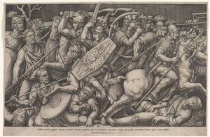 Soldati romani che combattono contro i Daci, scena di battaglia in profondità ridotta con cavalli, 1553 da Nicolas Beatrizet