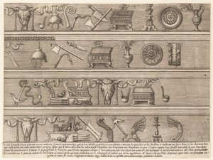 Speculum Romanae Magnificentiae: Strumenti sacrificali basati su antichi rilievi da Nicolas Beatrizet.