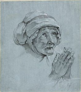 Studio della testa e delle mani di una donna anziana che guarda verso l