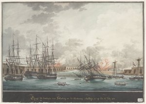 Veduta delle batterie per Palembang dopo la vittoria pomeridiana - 12:00 del 24 luglio 1821 da Nicolas Cammillieri