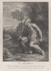 San Girolamo seduto sotto un albero che guarda un crocifisso, un leone beve acqua da un ruscello, 1728 da Nicolas Chateau