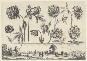 Pannello orizzontale con una fila di fiori sopra un fregio con figure in un paesaggio, da Li..., 1645