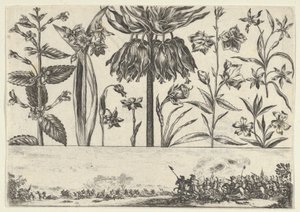 Pannello orizzontale con una fila di fiori sopra un fregio con una scena di battaglia in un paesaggio da Nicolas Cochin