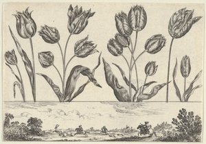 Pannello orizzontale con una fila di fiori sopra un fregio con una scena di caccia in un paesaggio