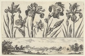 Pannello orizzontale con una fila di fiori sopra un fregio con una scena di caccia in un paesaggio