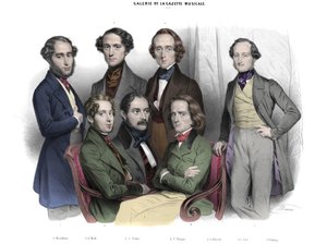 Galerie de la Gazette musicale N. 2. Celebri del 1842: Frédéric Chopin, Franz Liszt, Jacob Rosenhain, Édouard Wolff, Sigismund Thalberg, Adolf von Henselt, Theodor Döhler. Incisione di Nicolas da Nicolas Eustache Maurin
