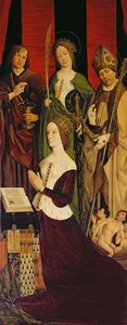 Trittico di Mosè e il Roveto Ardente, pannello destro che raffigura Jeanne de Laval con San Giovanni, Santa Caterina e San Nicola da Nicolas Froment