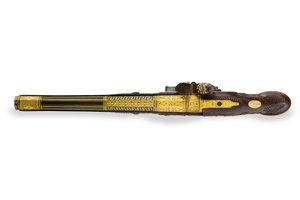 Una delle due pistole a pietra focaia rigate con montatura in argento, Versailles, 1825