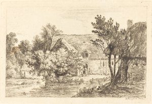 Una Casa e un Cottage Ombreggiato sulle Rive di un Fiume da Nicolas Perignon