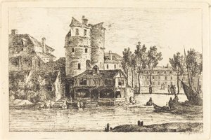 Città su una riva del fiume con due torri rotonde da Nicolas Perignon