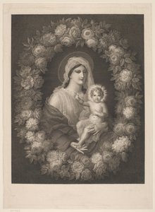Maria con bambino in una corona di fiori