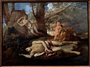 Eco e Narciso illustrazione per la leggenda che ha ispirato Ovidio in “Le Metamorfosi” Dipinto di Nicolas Poussin (1594-1665) 17° secolo Parigi da Nicolas Poussin