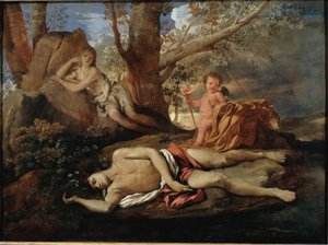Eco e Narciso, illustrazione per la leggenda che ha ispirato Ovidio in "Le Metamorfosi" dipinto di Nicolas Poussin da Nicolas Poussin