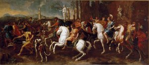 La caccia di Meleagro. Eroi della mitologia greca famosi durante la caccia al cinghiale di Calidone. Dipinto di Nicolas Poussin da Nicolas Poussin