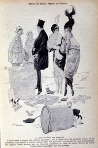 Parigi: i rifiuti si accumulano in strada davanti a persone elegantemente vestite. Illustrazione della stampa francese di H. Tournier