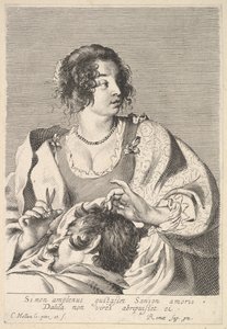 Dalila che si prepara a tagliare i capelli di Sansone con le forbici nella mano destra da Nicolas Viennot