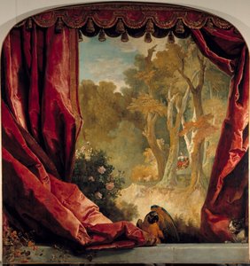 Composizione decorativa con tende, paesaggio e animali
