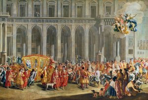 La partenza di Alois Thomas von Harrach, Viceré di Napoli (1669-1742) dal Palazzo Reale di Capodimonte (dettaglio) da Nicolo Maria Russo or Rossi