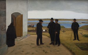 Persone fuori da una chiesa. Harboøre, Jutlandia