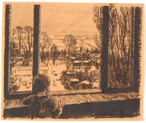 Un ragazzo alla finestra con vista sul giardino e sul campo da Niels Skovgaard
