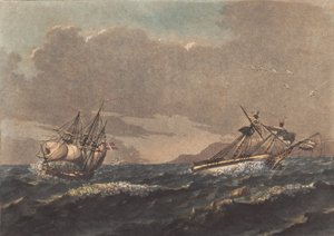 Una nave che si allontana dalla terra e una brigantina che, alla deriva per l
