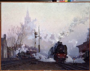 Sulla strada. Le locomotive a vapore sommergono il paesaggio urbano nel fumo dei loro camini. Dipinto di Nikolai Dmitryevich Kuznetsov, olio su tela
