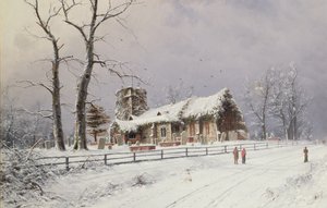 Scena invernale con figure su un sentiero vicino a una chiesa da Nils Hans Christiansen
