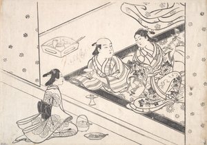 Donna che suona lo shamisen, con il suo amante e un assistente nelle vicinanze da Nishikawa Sukenobu