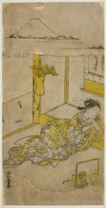 Giovane donna addormentata con il Monte Fuji sopra da Nishimura Shigenaga