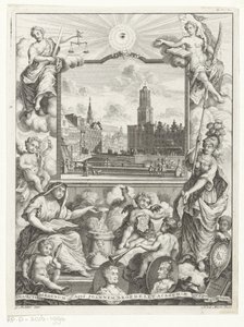Veduta della città con la Cattedrale di Utrecht e allegoria con la vergine cittadina di Utrecht da Noach van der Meer (I)