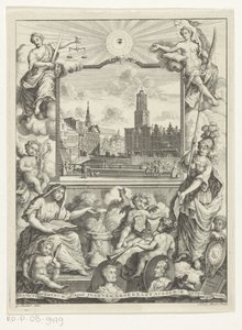 Veduta della città con la cattedrale di Utrecht e allegoria con la vergine cittadina di Utrecht (pagina del titolo per: Elias de Vries, Dissertatio juridica, de jure naturali ac gentium, seu duobus prioribus juris fontibus, 1745)