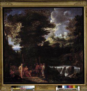 Marsia suona il flauto davanti ad Apollo e Mida. Il satiro sfida il dio Apollo, re della lira, davanti al re Mida e alle Muse