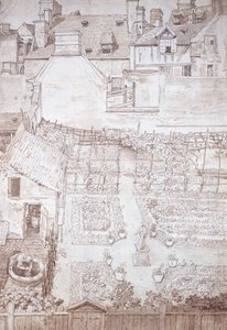 Un giardino di una casa di città, con aiuole e pergolato di viti, chiuso da edifici, c.1677 da Noel Gasselin
