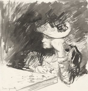 Dama con cappello di paglia seduta pensierosa a un tavolo da Norbert Goeneutte