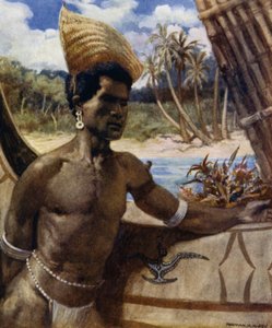 Indigeno di New Georgia con parasole; una sorta di cappello senza corona fatto di erbe, può essere indossato in qualsiasi angolazione da Norman Hardy