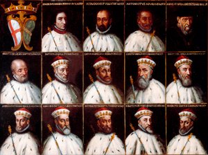 Stemma della Repubblica di Genova e ritratti dei Dogi - Simone Boccanegra, Ottaviano Fregoso e Antoniotto II Adorno; Andrea Doria. Oberto Cattaneo Lazzari, Battista Spinola, Battista Lomellini, Cristoforo Grilaldi Rosso, Giovanni Battista Doria