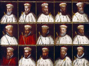 Stemma della Repubblica di Genova e ritratti dei Dogi. Gaspare Grimaldi Bracelli, Luca Spinola, Giacomo Promontorio, Agostino Pinello Ardimenti, Pietro Giovanni Chiavica, Girolamo Vivaldi, Paolo Battista Giudice, Battista Cicala Zoaglio, Giovan da Northern Italian School