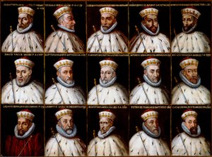 Stemma della Repubblica di Genova e ritratti dei Dogi. Gio. Battista Gentile Pignolo, Nicolò Doria, Gerolamo De Franchi Toso, Gerolamo Chiavari, Ambrogio Di Negro, Davide Vacca (o Vaccari), Battista Negrone, Gio Giustiniani Campi, Antonio Grimaldi