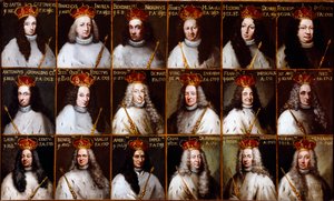 Stemma della Repubblica di Genova e ritratti dei Dogi. Giovanni Battista Cattaneo, Francesco Invrea, Negrone Bendinelli, Francesco Maria Sauli, Girolamo De Mari, Federico De Franchi, Antonio Cebà Grimaldi, Onorato Stefano Ferreti, Domenico De Mari