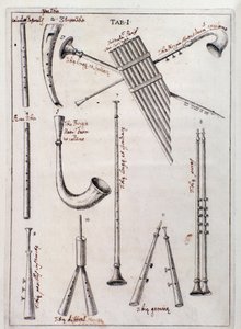 Strumenti a fiato. Pagina da "de Tribus Generibus Instrumentorum Musicae Veterum", opera sugli strumenti antichi di Francesco Bianchini