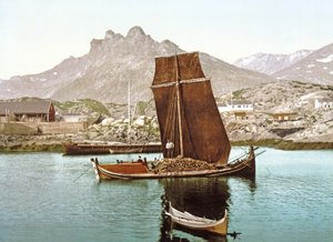 Barca Nordland che trasporta un carico di tronchi, Norvegia