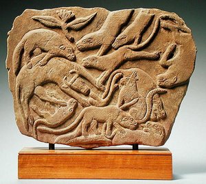Rilievo raffigurante cani che abbattono una mucca, IV-V secolo da Nubian Nubian