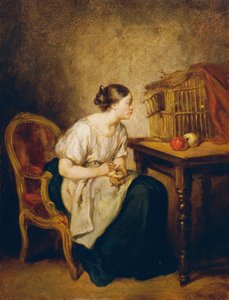 Giovane donna con gabbia per uccelli da Octave Nicolas Francois Tassaert