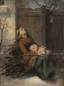 Madre morta indigente che tiene il suo bambino addormentato in inverno, c. 1850 da Octave Tassaert