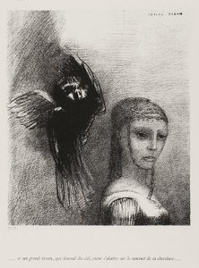 E un grande uccello, discendendo dal cielo, si scaglia contro la punta più alta dei suoi capelli, tavola 3 di 10, 1888 da Odilon Redon